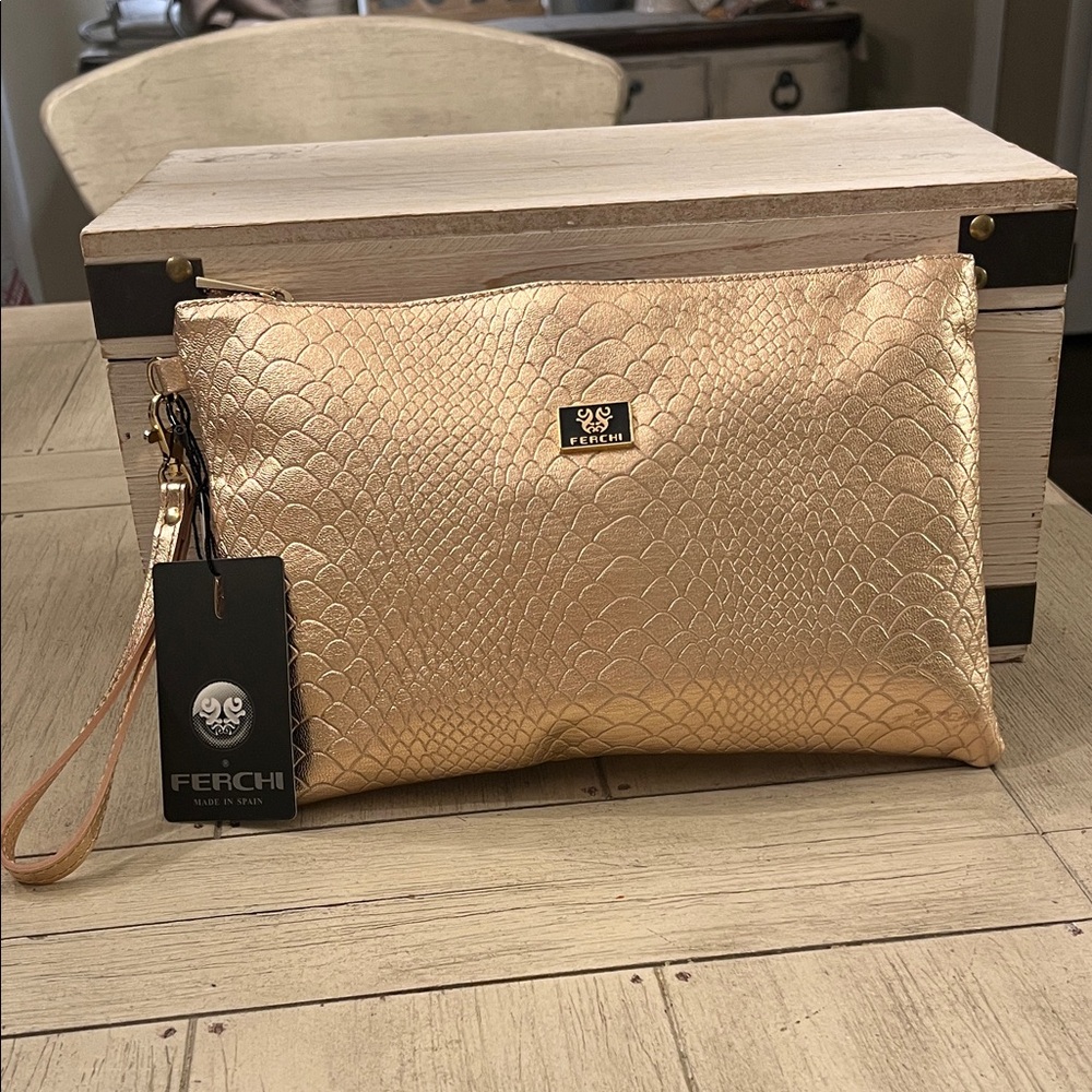 Ferchi Leather Gold Clutch Bag